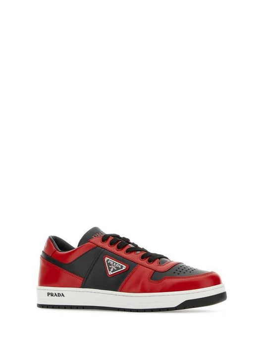 Men'S Downtown Triangle Logo Leather Low Top Sneakers Red - PRADA - BALAAN 1