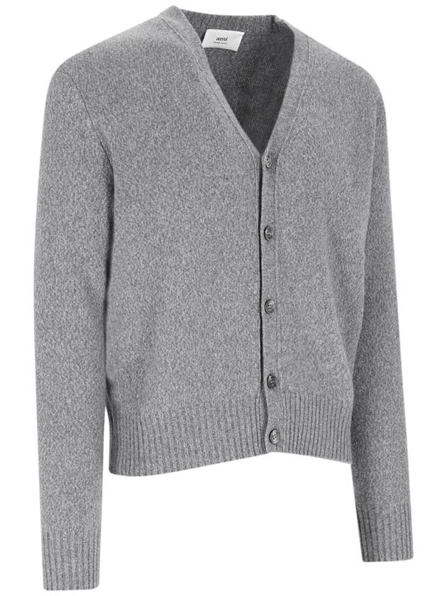 Heart Logo V Neck Cashmere Cardigan Heather Grey - AMI - BALAAN 3