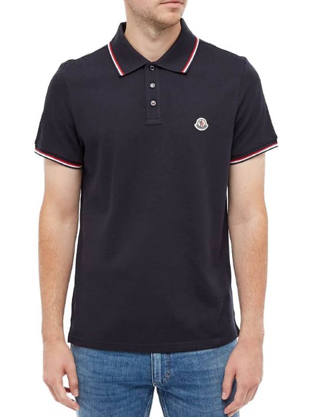 Stripe Trimming Logo Short Sleeve Polo Shirt Navy - MONCLER - BALAAN 3