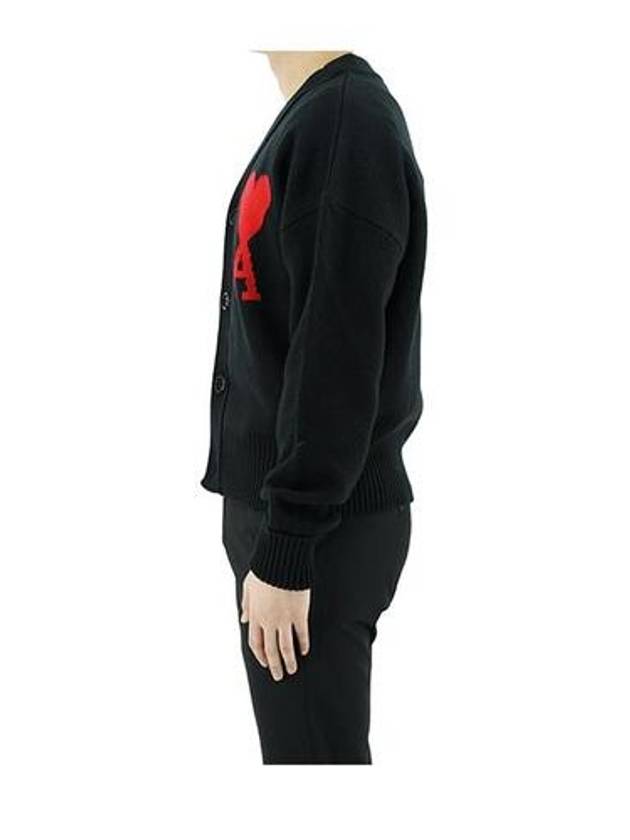 Intarsia Big Heart Logo Oversized Virgin Wool Cardigan Black - AMI - BALAAN 7