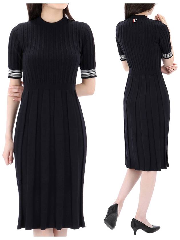 Cotton Pleated Cricket Striped Cable Midi Dress Navy - THOM BROWNE - BALAAN 2