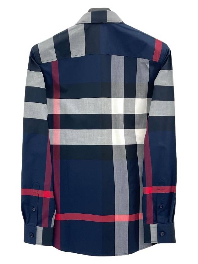 Men's Checked Stretch Cotton Poplin Long Sleeve Shirt Navy - BURBERRY - BALAAN 3