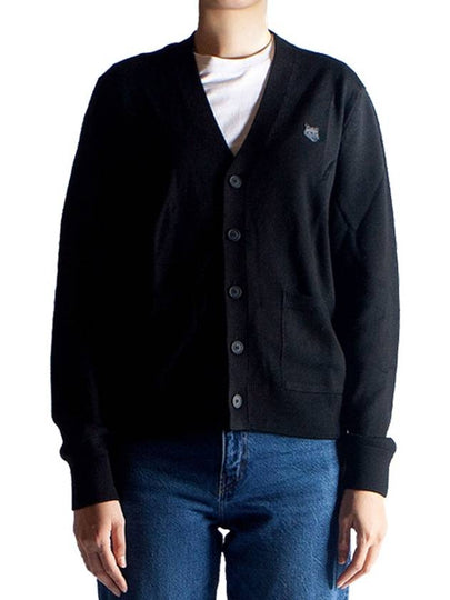 Bold Fox Head Patch V Neck Wool Cardigan Black - MAISON KITSUNE - BALAAN 2