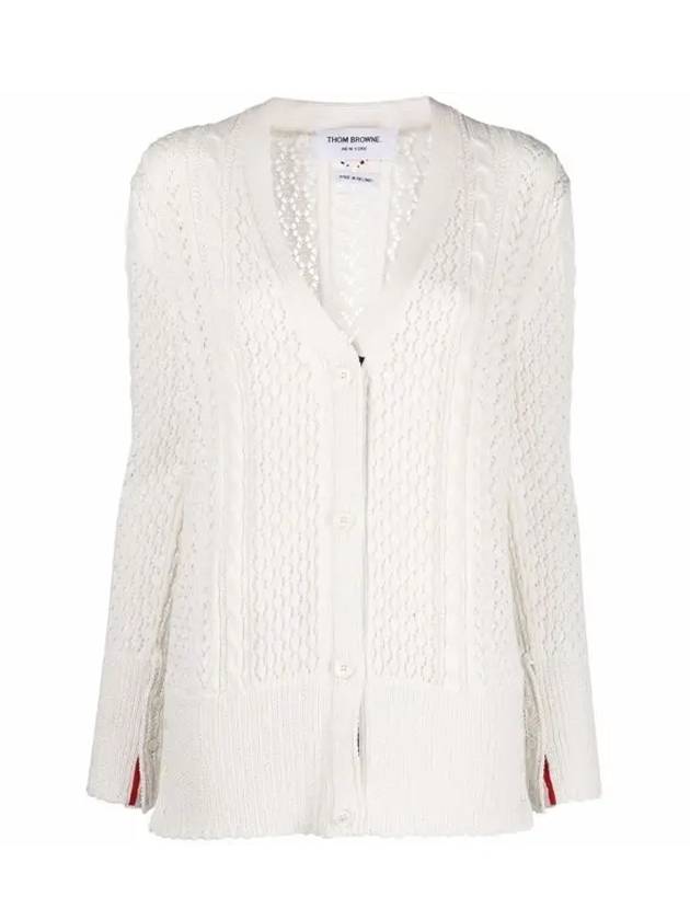 Pointelle Cable Knit V Neck Cardigan White - THOM BROWNE - BALAAN 1