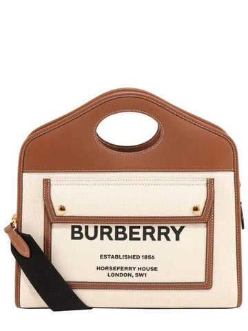 Small Two-tone Canvas Leather Pocket Tote Bag Natural Malt Brown - BURBERRY - BALAAN 1