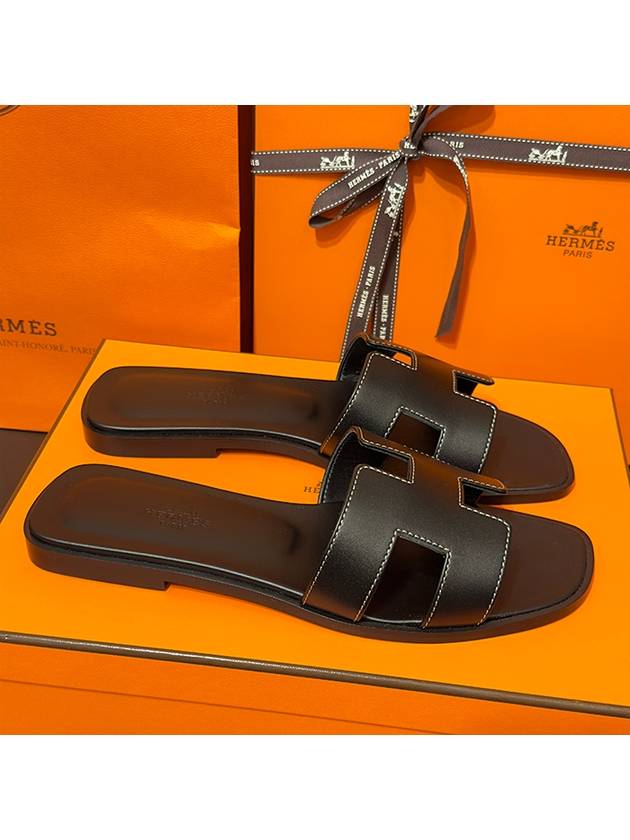 Oran Calfskin Slippers Noir Piqures Ecrues Black - HERMES - BALAAN 2