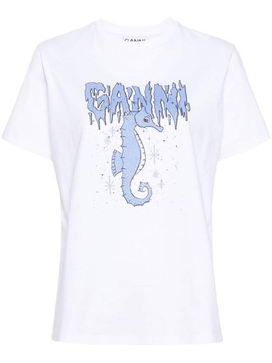 Seahorse Print Cotton Short Sleeve T-Shirt White - GANNI - BALAAN 1