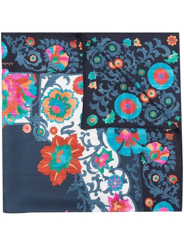 Salvatore Uzbekistan Floral Gancini Silk Scarf Marine - SALVATORE FERRAGAMO - BALAAN 1