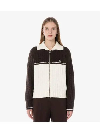 Women's Cable Color Block Collar Zip-Up Cardigan Brown - LACOSTE - BALAAN 2