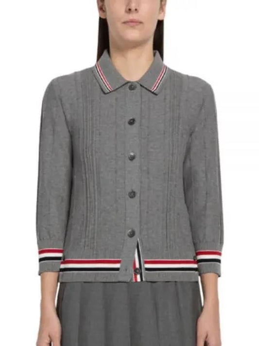 High Twist Cotton Stripe Polo Cardigan Grey - THOM BROWNE - BALAAN 2