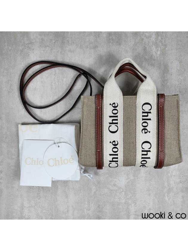 Woody Linen Canvas Calfskin Tote Bag White Brown - CHLOE - BALAAN 2