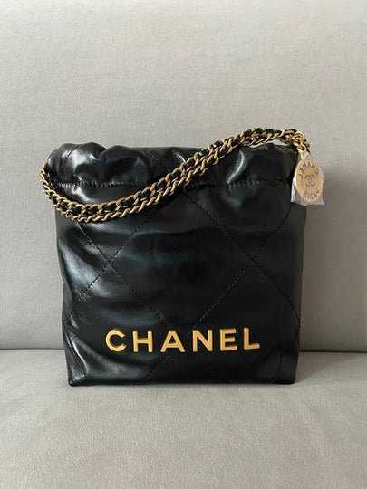 22 Gold Logo Shiny Calfskin Mini Shoulder Bag Black - CHANEL - BALAAN 2