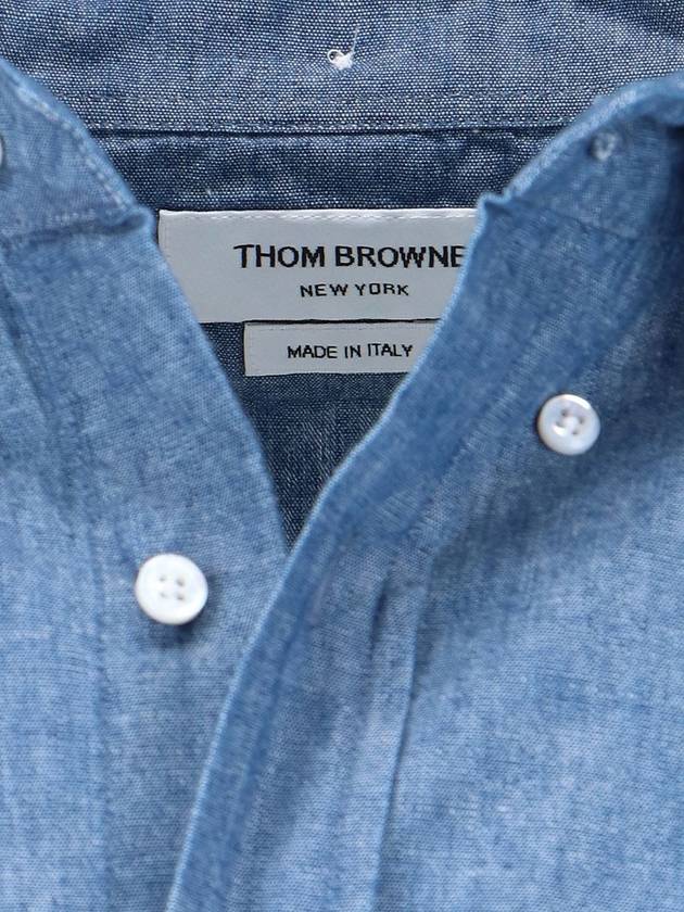 Men's Diagonal Shambray Print Name tag Straight Fit Long Sleeve Shirt Blue - THOM BROWNE - BALAAN 5