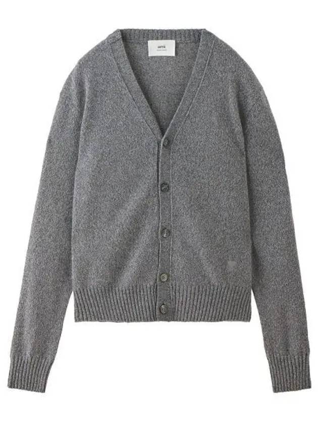 Heart Logo V Neck Cashmere Cardigan Heather Grey - AMI - BALAAN 2