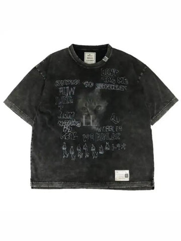 A13TS611 Black Distressed Cat Print Tee - MIHARA YASUHIRO - BALAAN 1