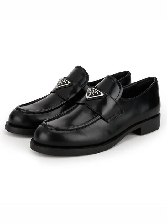 Triangle Logo Brush Leather Loafers Black - PRADA - BALAAN 2