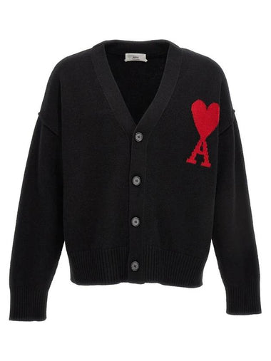 Heart Logo V Neck Wool Cardigan Black - AMI - BALAAN 1