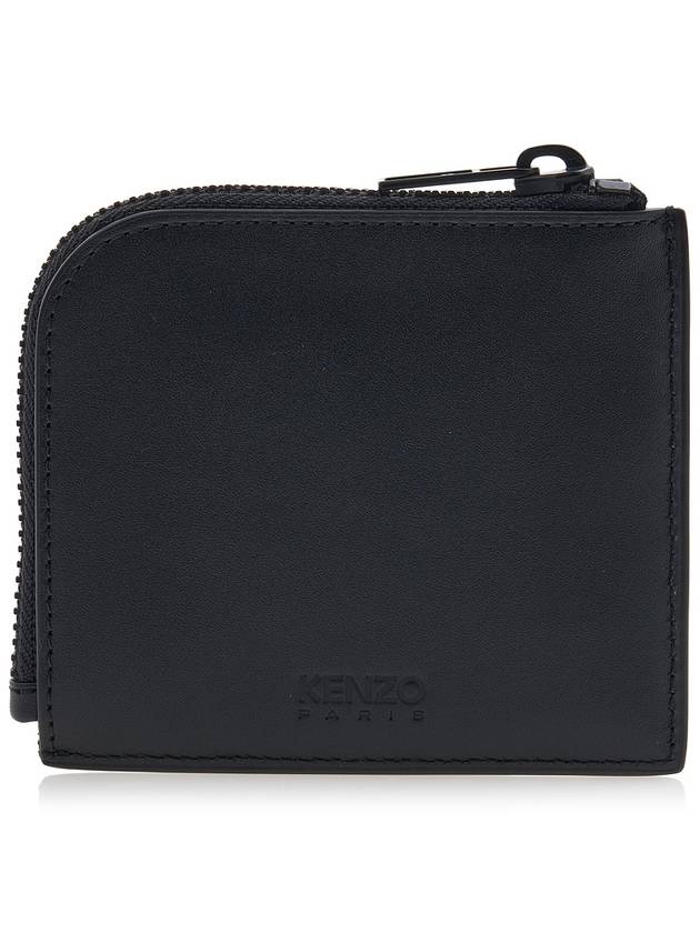 Logo Zipper Calf Leather Card Wallet Black - KENZO - BALAAN 4