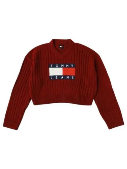 Logo V neck cropped knit top red - TOMMY HILFIGER - BALAAN 2