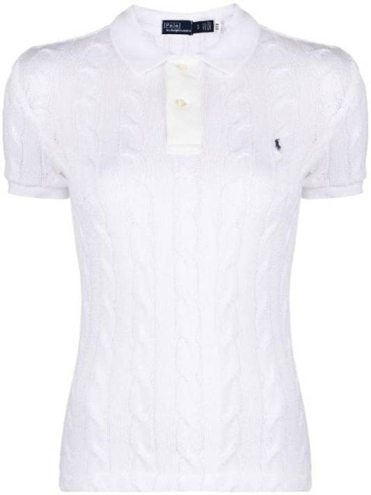 Slim Fit Cable Knit Polo Shirt White - POLO RALPH LAUREN - BALAAN.