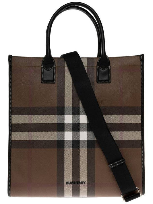 Checked Leather Tote Bag Brown - BURBERRY - BALAAN 1