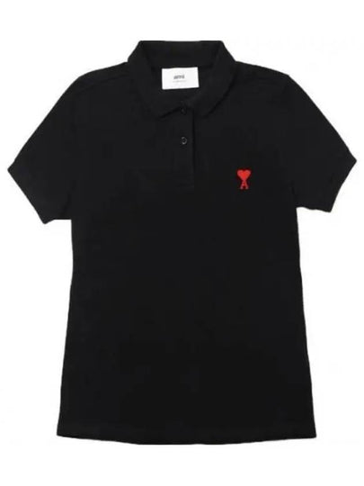 Embroidered Heart Logo Short Sleeve Polo Shirt Black - AMI - BALAAN 2