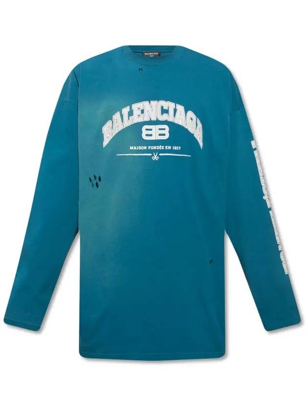 Side Logo Distressed Oversized Long Sleeve T-Shirt Blue - BALENCIAGA - BALAAN 1