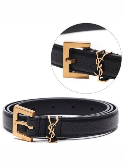 Cassandre Grained Leather Square Buckle Thin Belt Black - SAINT LAURENT - BALAAN 2