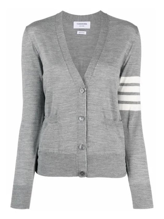 Sustainable Fine Merino Wool 4-Bar Relaxed Fit V-Neck Cardigan Light Grey - THOM BROWNE - BALAAN 2