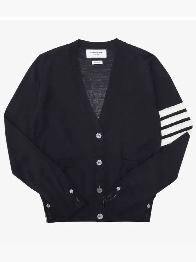 Sustainable Fine Merino Wool 4-Bar Relaxed Fit V-Neck Cardigan Navy - THOM BROWNE - BALAAN 2