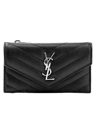 Silver Caviar Monogram Flip Card Wallet Black - SAINT LAURENT - BALAAN 1