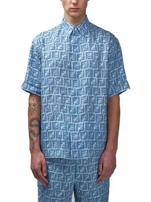 FF Linen Short Sleeve Shirt Blue - FENDI - BALAAN 3