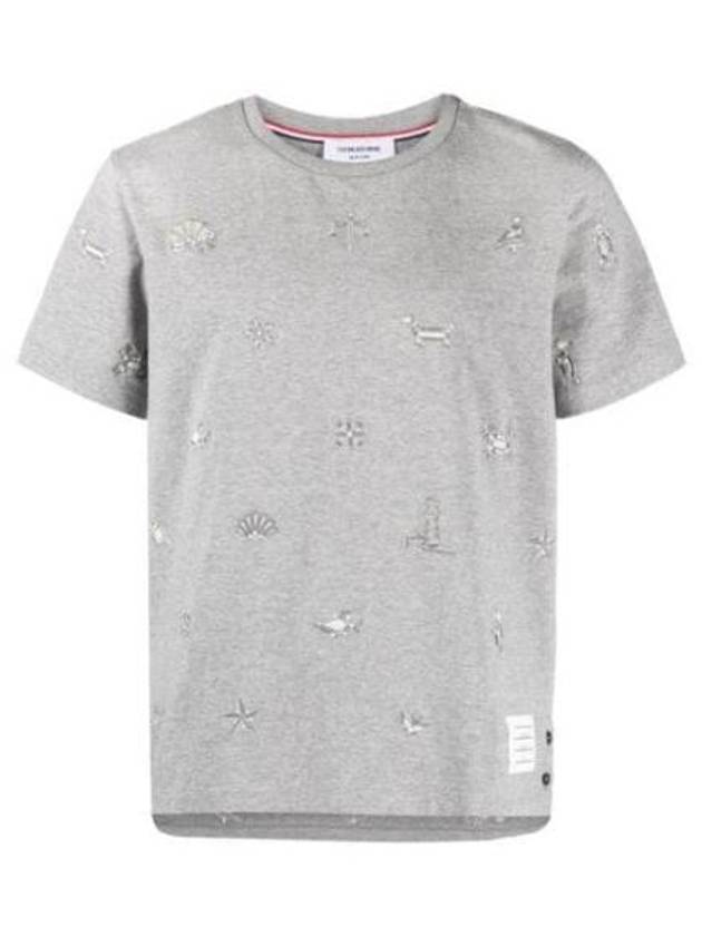 Embroidered Cotton Short Sleeve T-Shirt Grey - THOM BROWNE - BALAAN 2