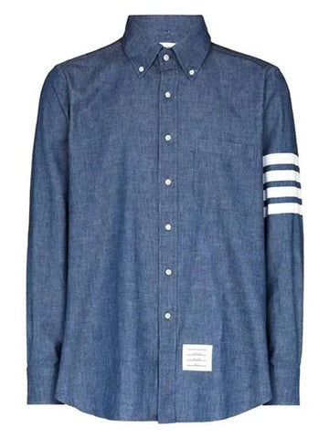 Men's Diagonal Shambray Print Name tag Straight Fit Long Sleeve Shirt Blue - THOM BROWNE - BALAAN 2