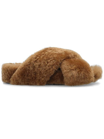 Cross Strap Shearling Slippers Brown - JIL SANDER - BALAAN.