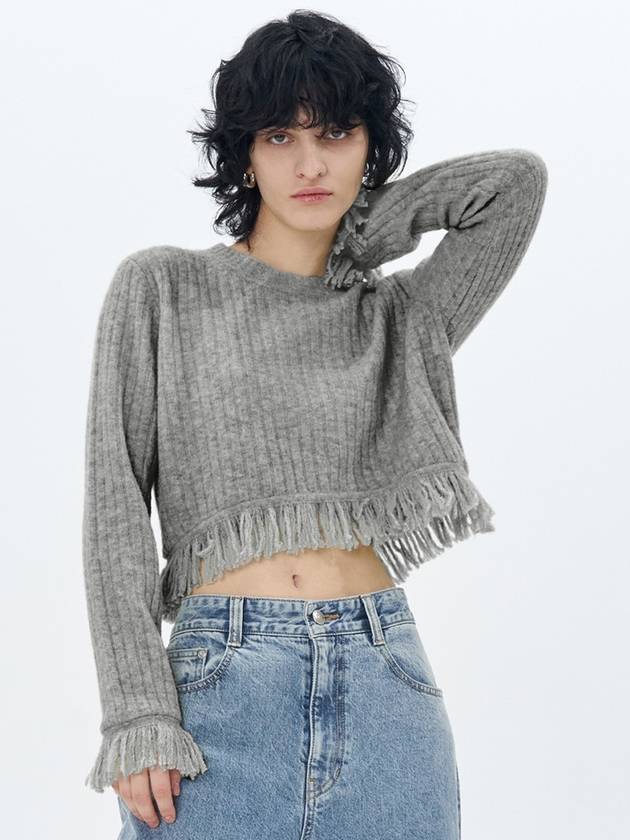 Ribbed Knit Fringed Pullover Knit Top Medium Grey - ETCH - BALAAN 4