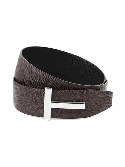 Men's T Logo Reversible Leather Belt Brown - TOM FORD - BALAAN.