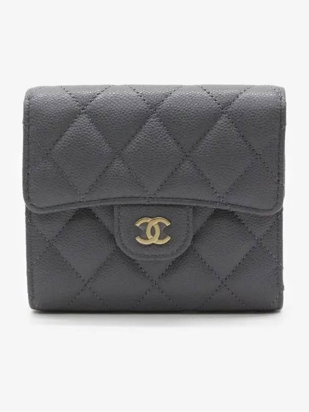 Classic Small Flap Wallet Grained Shiny Calfskin Gold Metal Gray - CHANEL - BALAAN 3