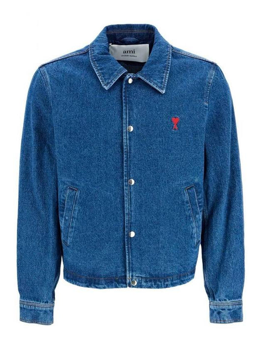 Men's De Coeur Heart Logo Denim Jacket Blue - AMI - BALAAN 1