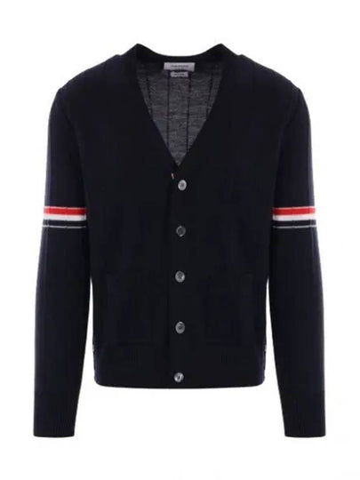 RWB V-neck Striped Virgin Wool Cardigan Navy - THOM BROWNE - BALAAN 2