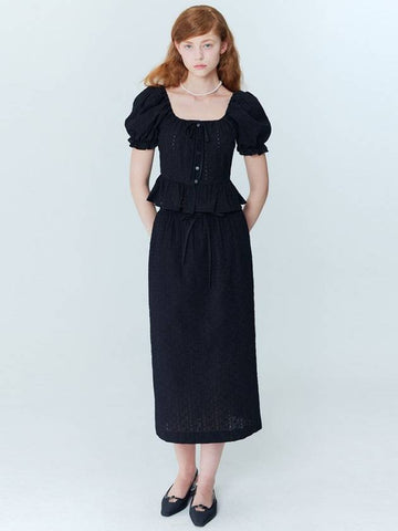 SET_Flower embroidery puff blouse_long skirt_Black - OPENING SUNSHINE - BALAAN 1