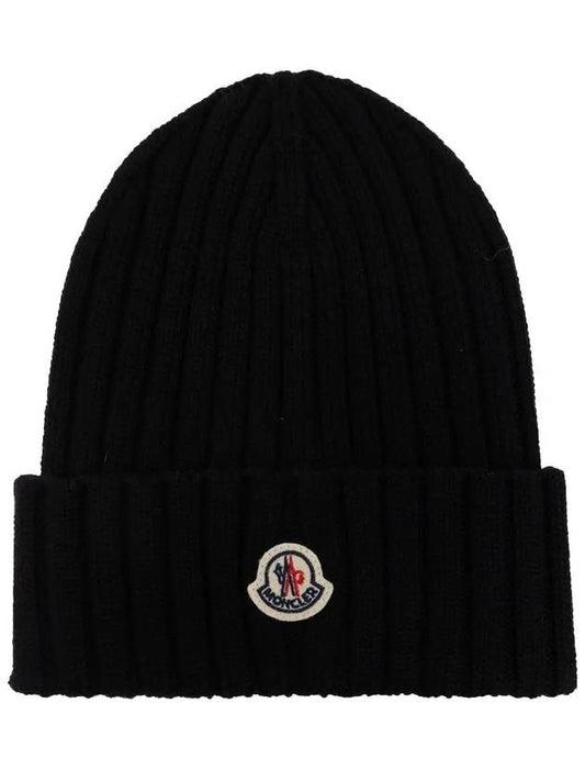 Logo Patch Wool Beanie Black - MONCLER - BALAAN 2