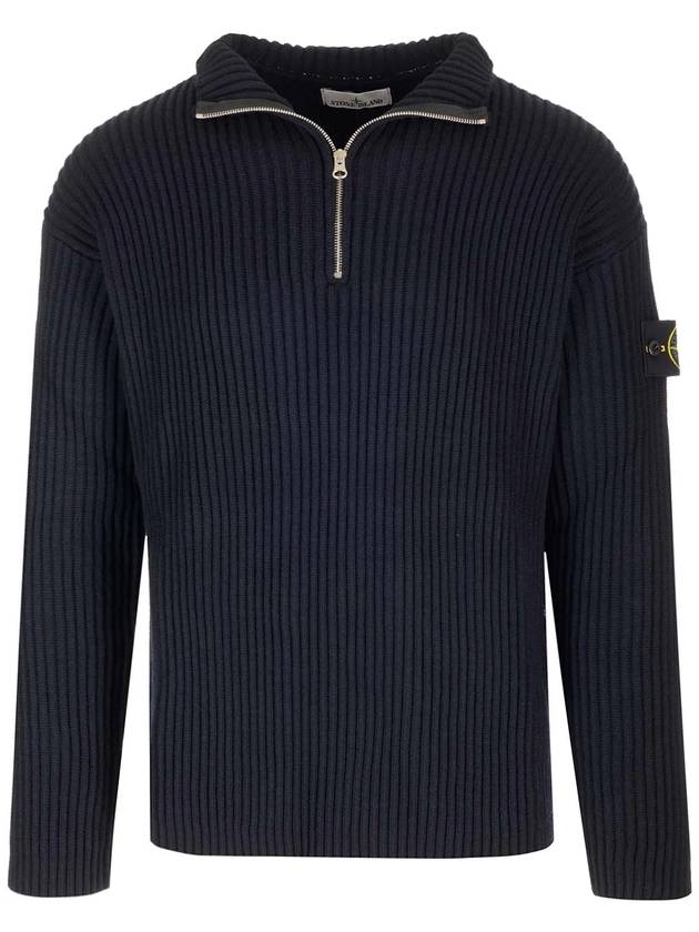 Loose Fit Virgin Wool Half-Zip Knit Top Navy - STONE ISLAND - BALAAN 2