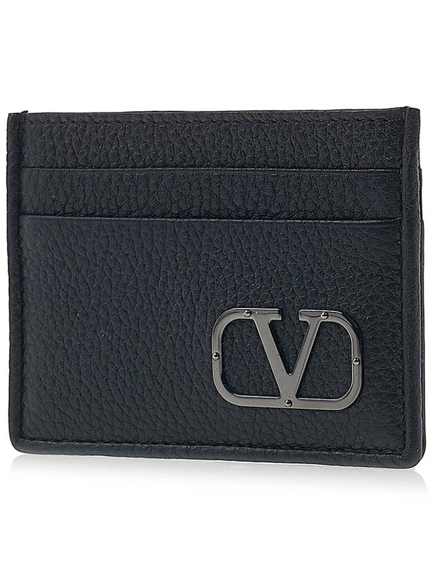 Signature V Logo Leather Card Wallet Black - VALENTINO - BALAAN 3