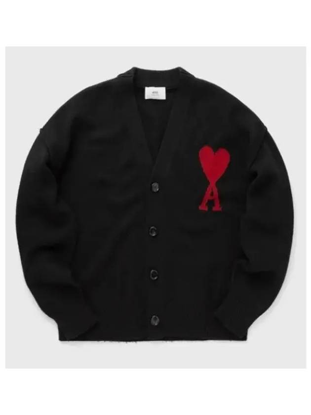 Heart Logo V Neck Wool Cardigan Black - AMI - BALAAN 2