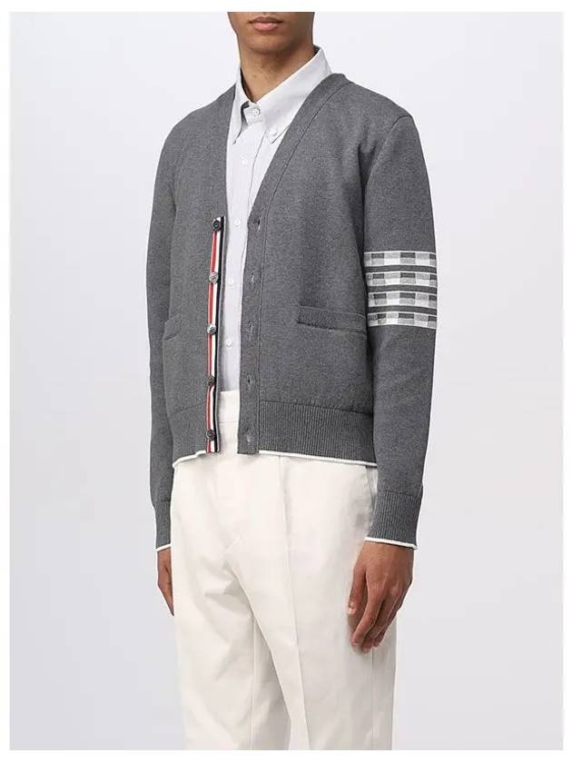 4-Bar V-Neck Hector Jacquard Cotton Cardigan Grey - THOM BROWNE - BALAAN 5