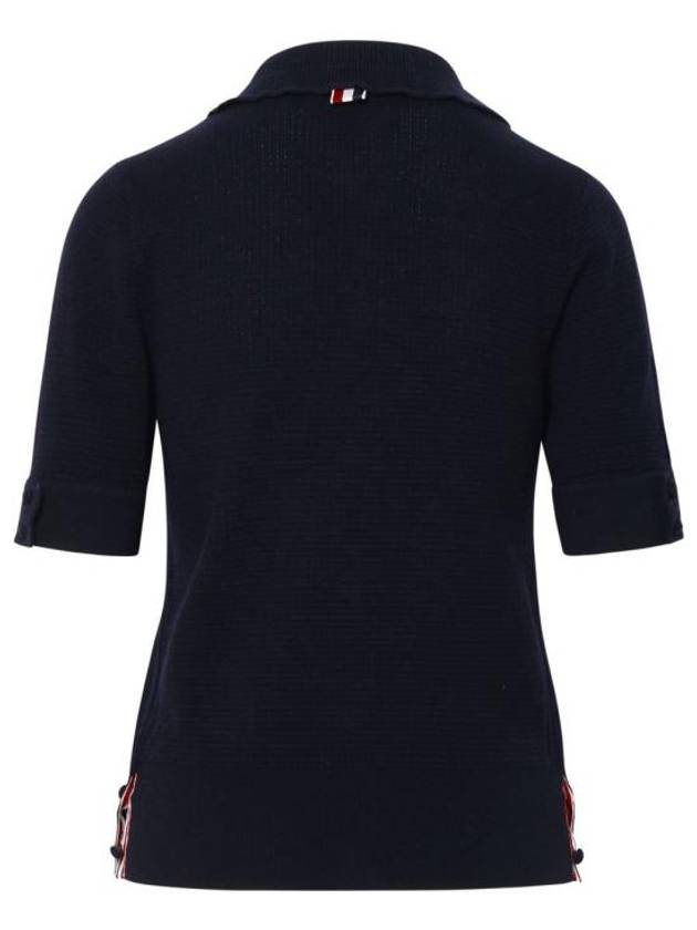 Button Up Merino Wool Short Sleeve Polo Knit Top Navy - THOM BROWNE - BALAAN 4