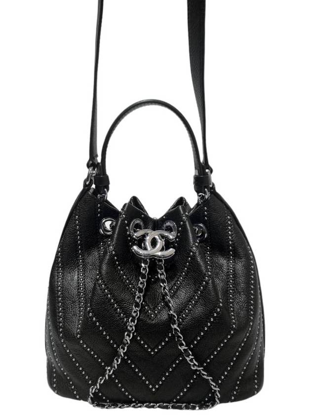 Women s A93850 Drawstring Studded Black Leather Small Bucket Bag Tote and Shoulder - CHANEL - BALAAN 1