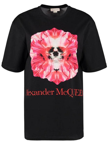 Floral Skull Print Short Sleeve T-Shirt Black - ALEXANDER MCQUEEN - BALAAN 1