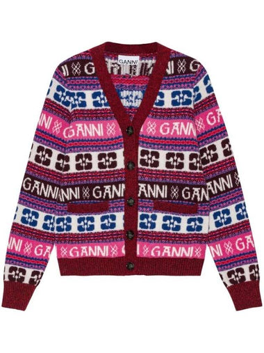 Intarsia Logo V-Neck Wool Mix Cardigan Pink - GANNI - BALAAN 1